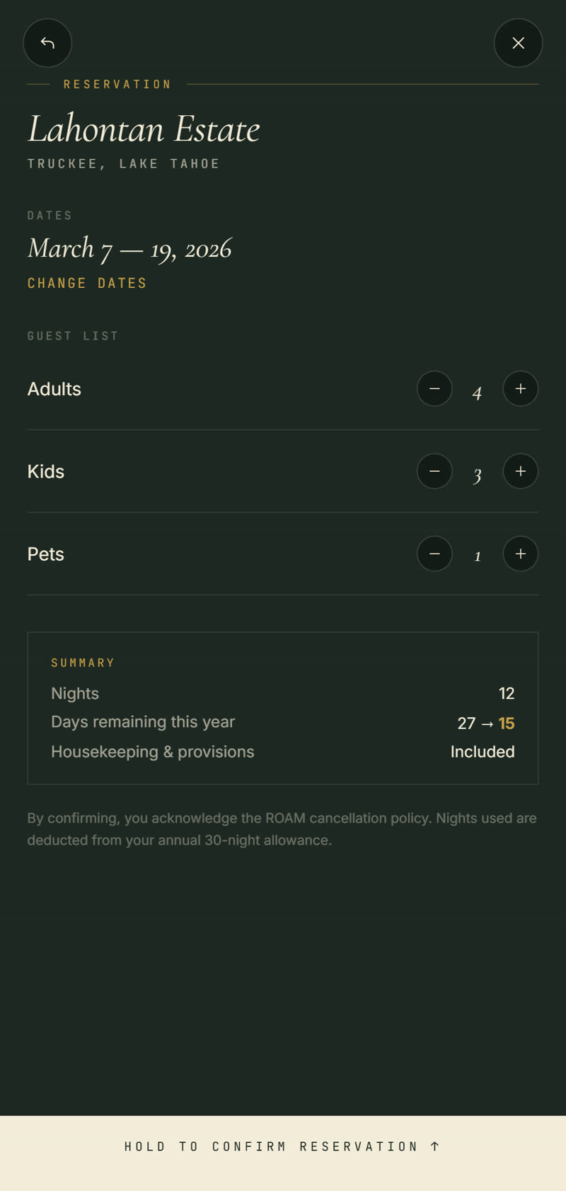 The ROAM app &mdash; reserving dates and guests